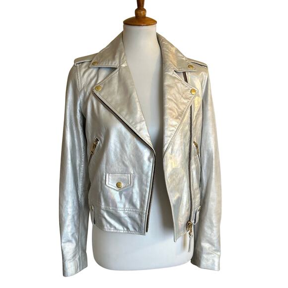 Mackage Silver Lambskin Leather Motorcycle Jacket, Womens, Size XS - Picture 6 of 10
